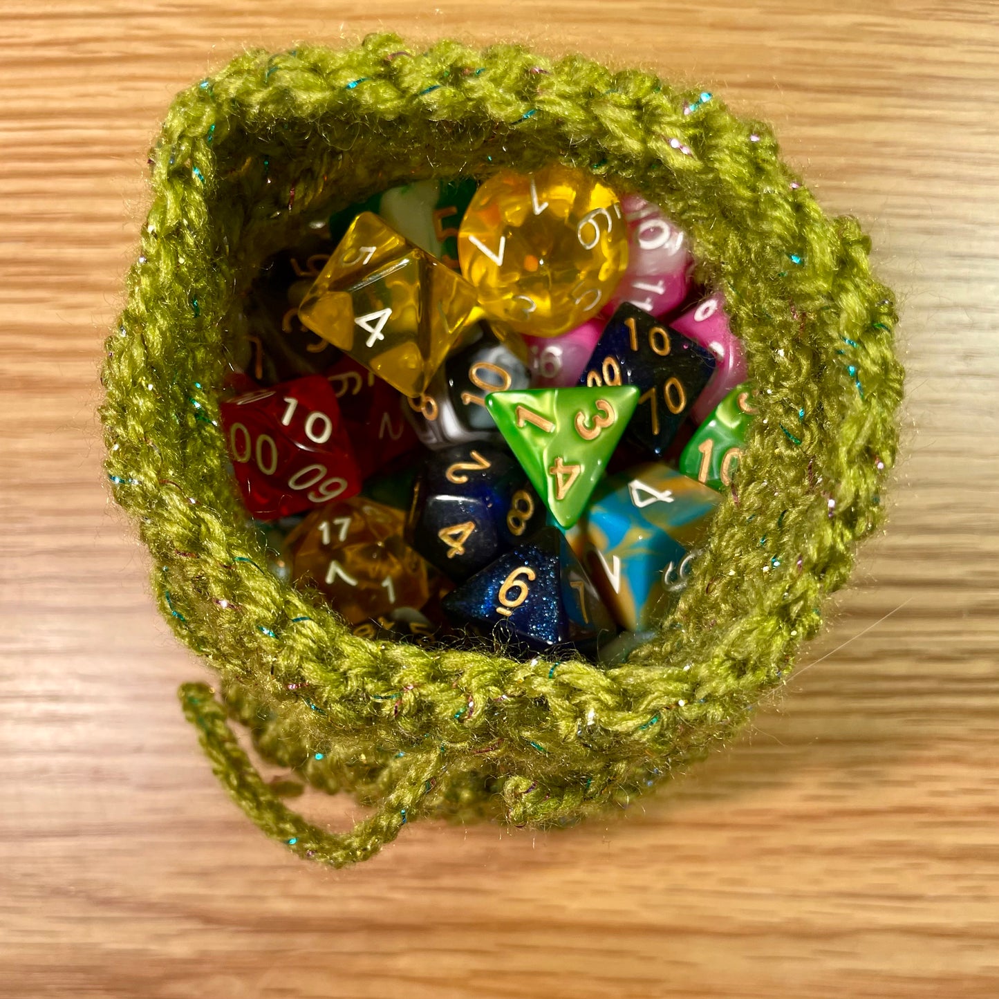 Sparkling Green Crochet Dice Pouch