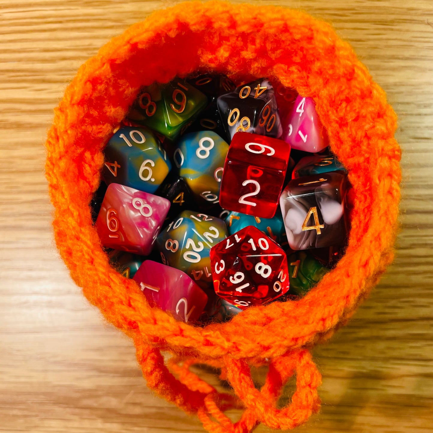 Orange Crochet Dice Pouch