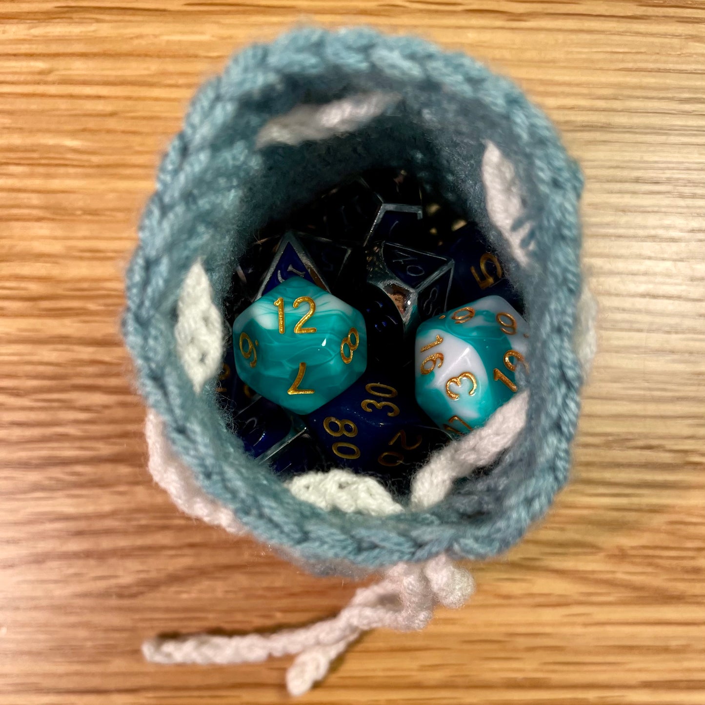 Blue Crochet Dice Pouch