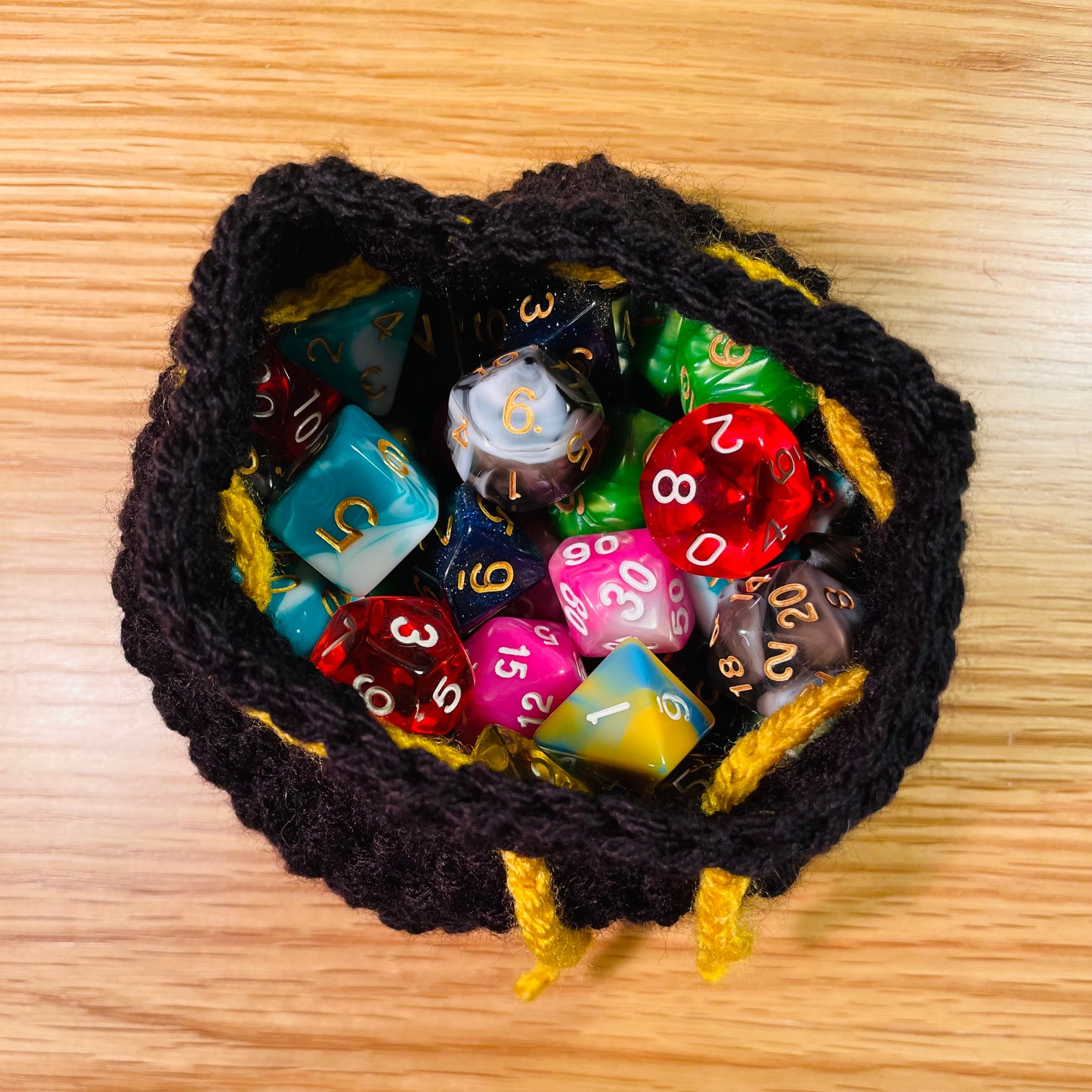 Black and Yellow Crochet Dice Pouch